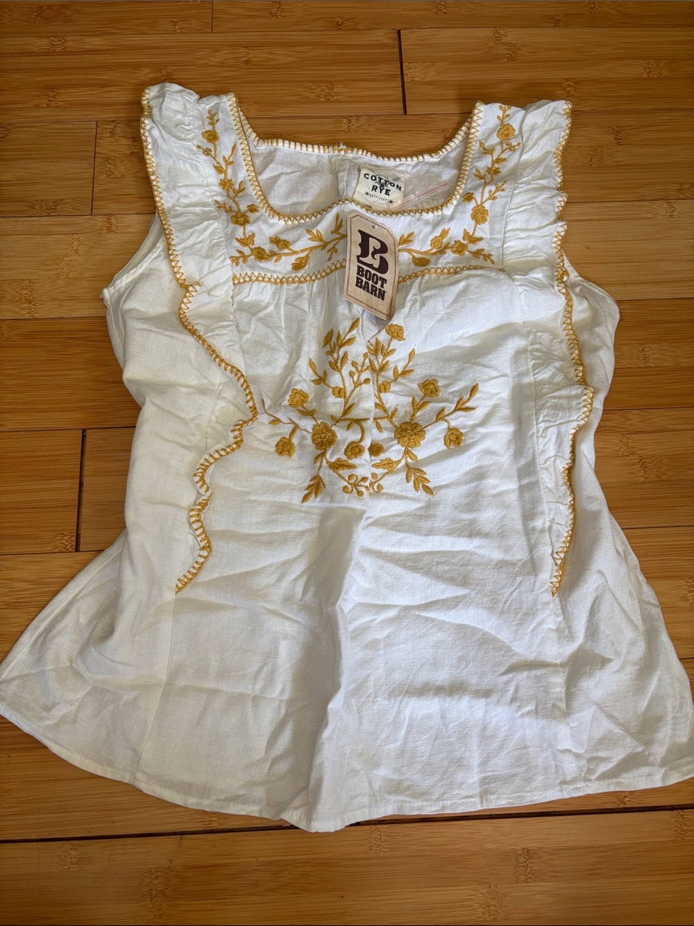 White Embroidered Ruffle Tank Top with Yellow Floral Detail -